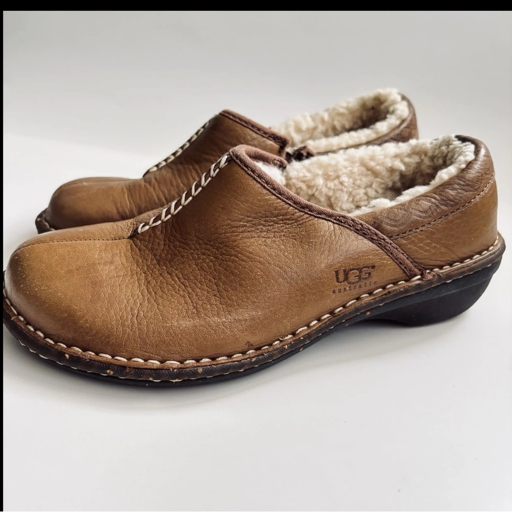 UGG Bettey 1928 Shearling Lined Brown Leather Tan Slip-On Shoes Size 7